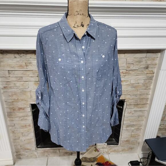 Lane Bryant blue and white polka dot button-down shirt plus size 16 - Picture 1 of 6